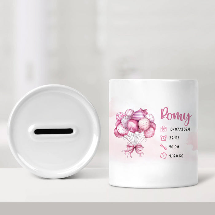 Tirelire de naissance personnalisée rose - Ballons de baudruche - Sublimino
