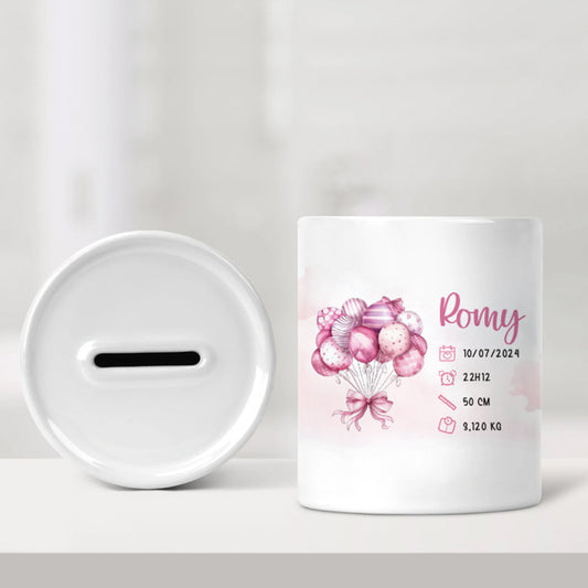 Tirelire de naissance personnalisée rose - Ballons de baudruche - Sublimino