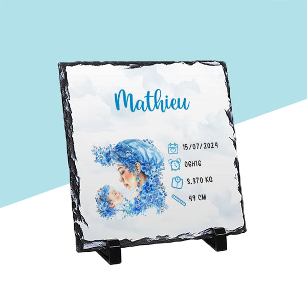 Ardoise de naissance personnalisée bleue - Bébé et sa maman - Sublimino