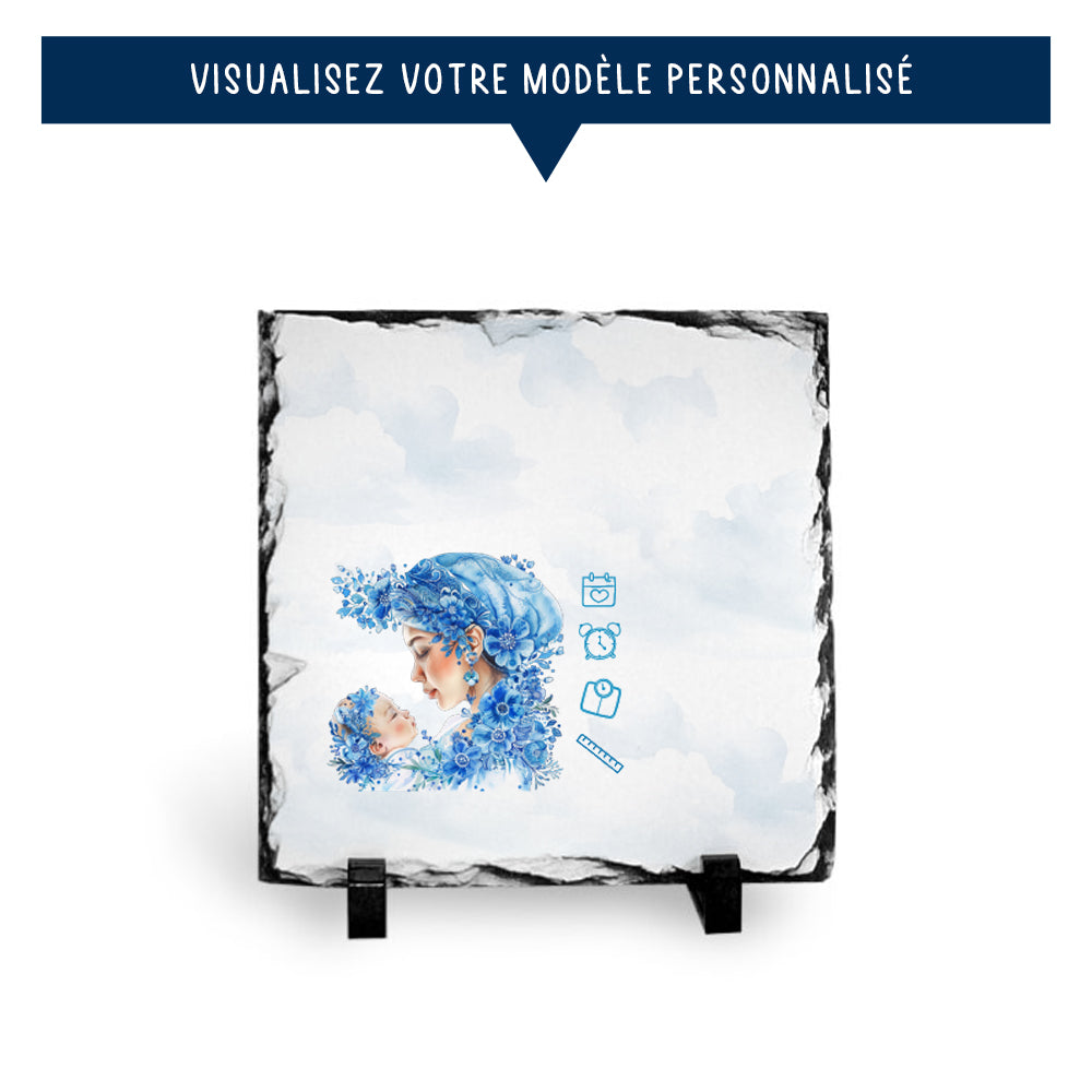 Ardoise de naissance personnalisée bleue - Bébé et sa maman - Sublimino