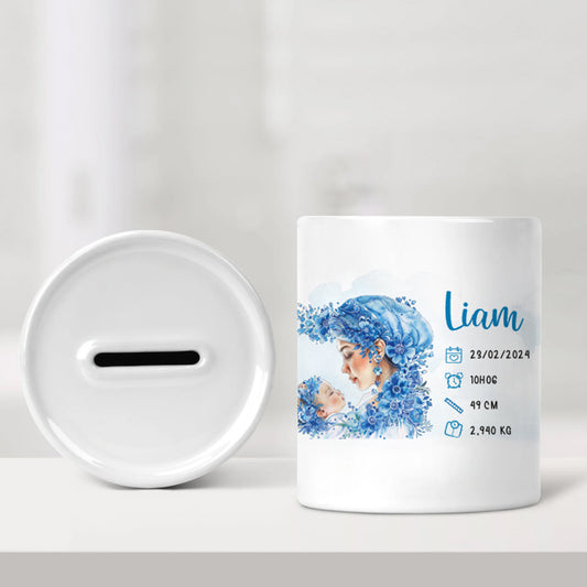 Tirelire de naissance personnalisée bleue - Bébé et sa maman - Sublimino