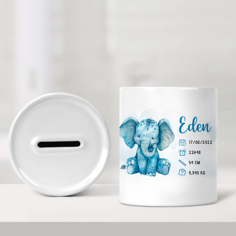 Tirelire de naissance personnalisée bleue - Éléphanteau - Sublimino