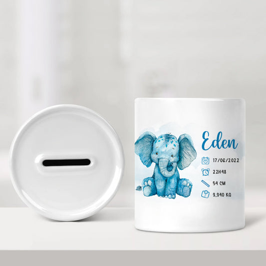 Tirelire de naissance personnalisée bleue - Éléphanteau - Sublimino