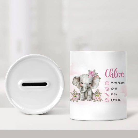 Tirelire de naissance personnalisée rose - Éléphanteau - Sublimino