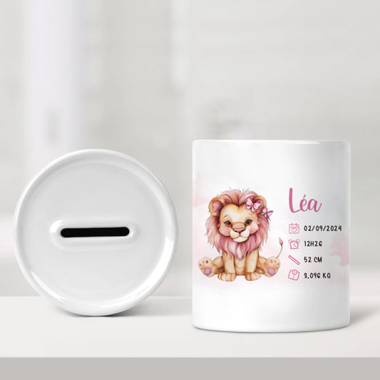 Tirelire de naissance personnalisée rose - Lion - Sublimino