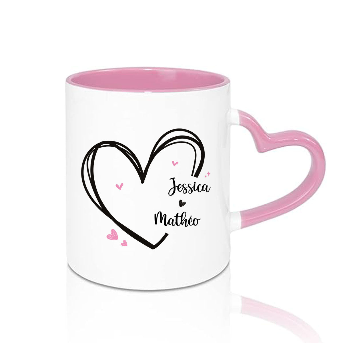 Mug anse en coeur rose avec prénoms pour couple et amoureux - Sublimino