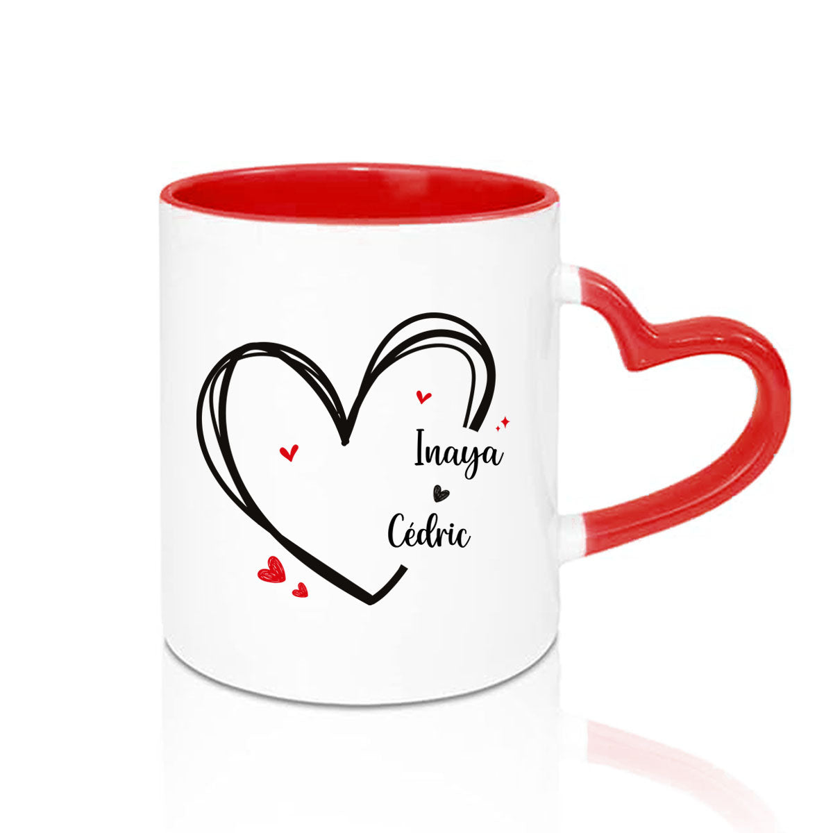Mug anse en coeur rouge avec prénoms pour couple et amoureux - Sublimino
