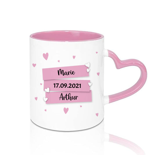 Mug anse en coeur rose avec prénoms, dates ou messages personnalisés - Sublimino
