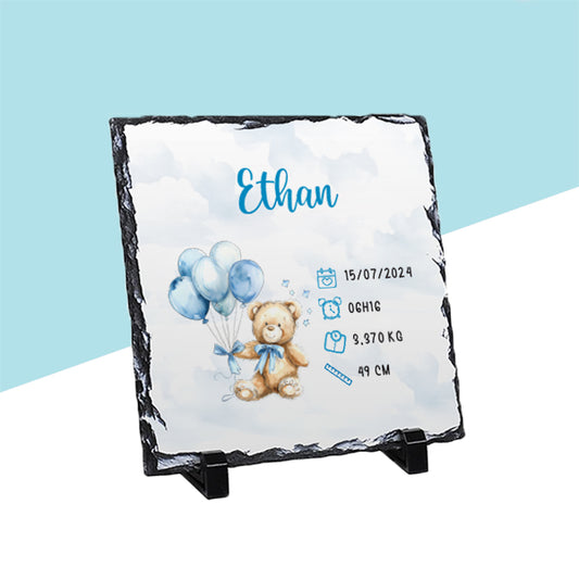 Ardoise de naissance personnalisée bleue - Petit ourson - Sublimino
