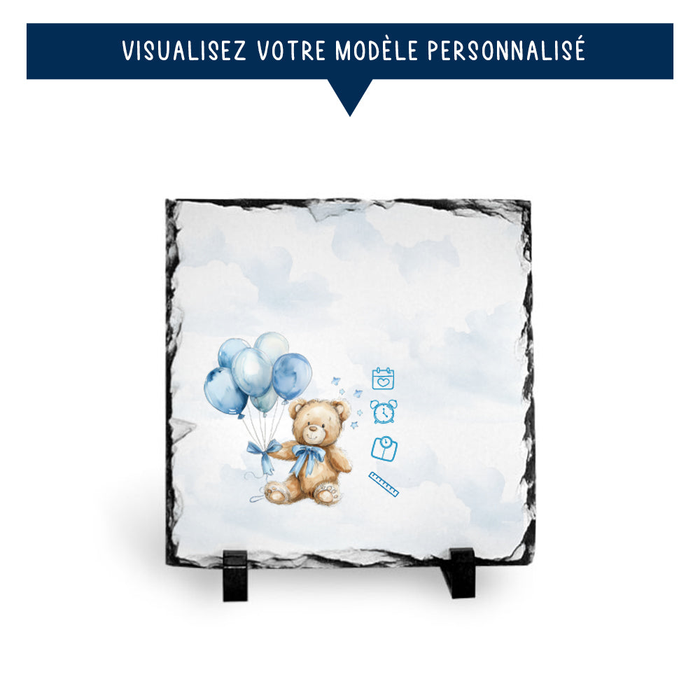 Ardoise de naissance personnalisée bleue - Petit ourson - Sublimino