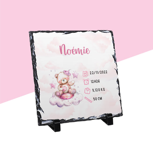 Ardoise de naissance personnalisée rose - Petit ourson - Sublimino