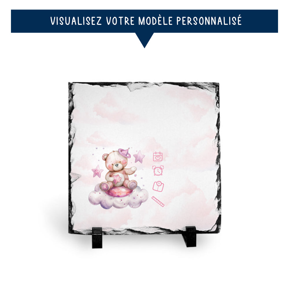 Ardoise de naissance personnalisée rose - Petit ourson - Sublimino