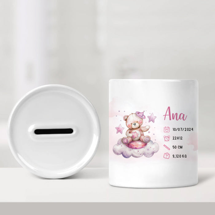 Tirelire de naissance personnalisée rose - Petit ourson - Sublimino