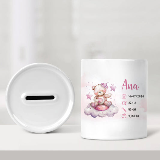 Tirelire de naissance personnalisée rose - Petit ourson - Sublimino