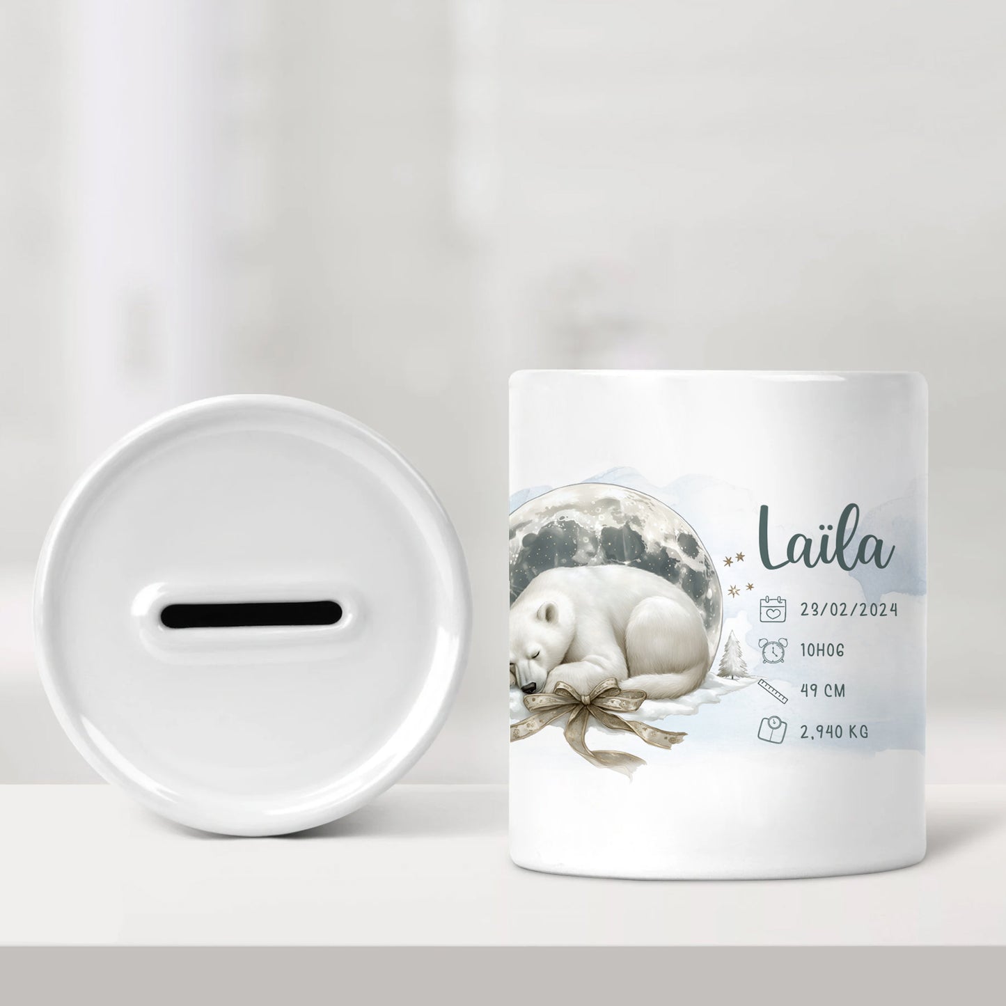 Tirelire de naissance personnalisée - Ours polaire avec lune grise - Sublimino