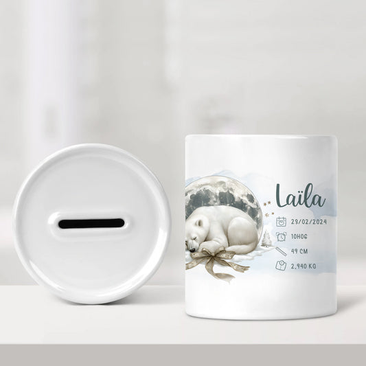 Tirelire de naissance personnalisée - Ours polaire avec lune grise - Sublimino