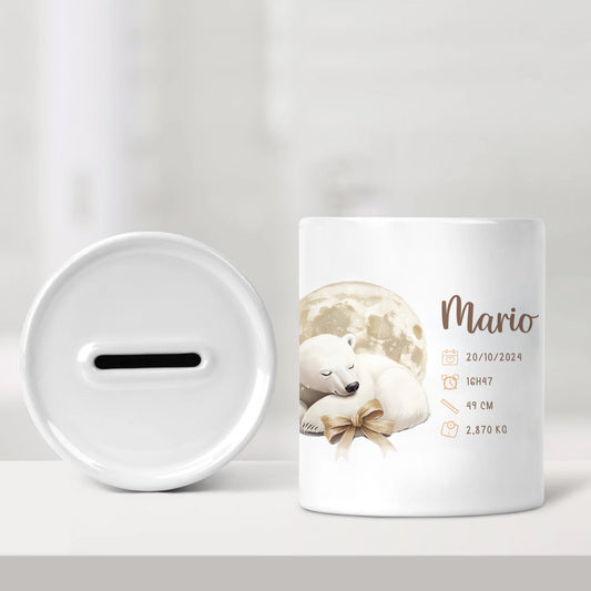 Tirelire de naissance personnalisée - Ours polaire avec lune jaune - Sublimino