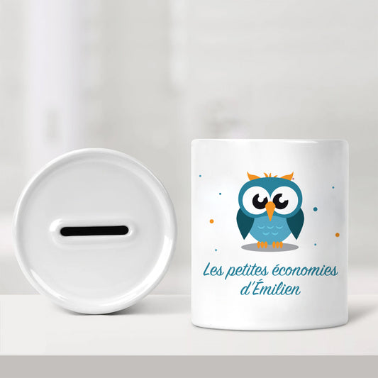 Tirelire personnalisée pour enfant - Les petites économies - Hibou bleu - Sublimino