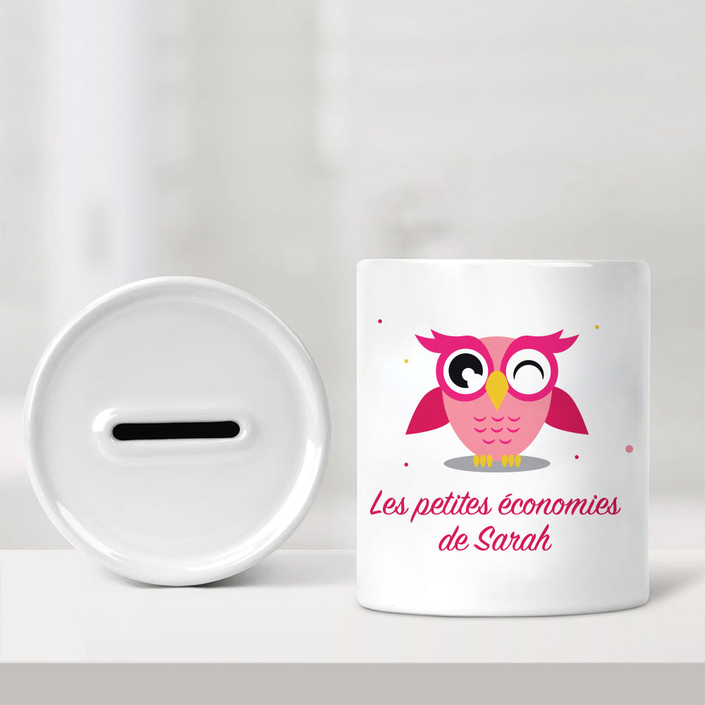 Tirelire personnalisée pour enfant - Les petites économies - Hibou rose - Sublimino