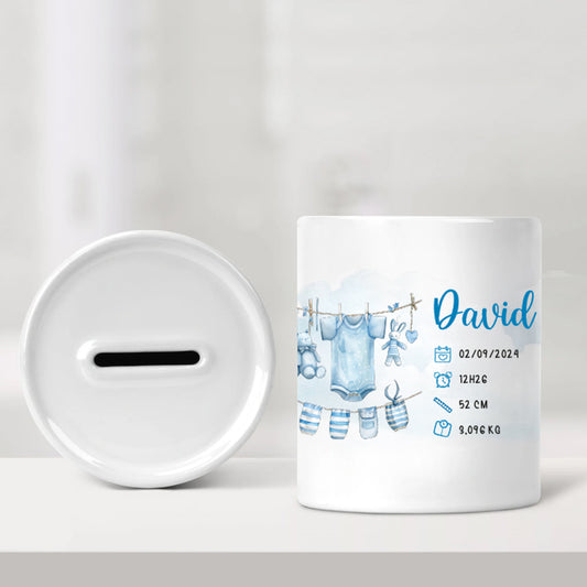 Tirelire de naissance personnalisée bleue - Vêtements de bébé - Sublimino