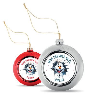 Boule de Noël personnalisée avec bonhomme de neige - Mon premier Noël - Rouge ou argent
