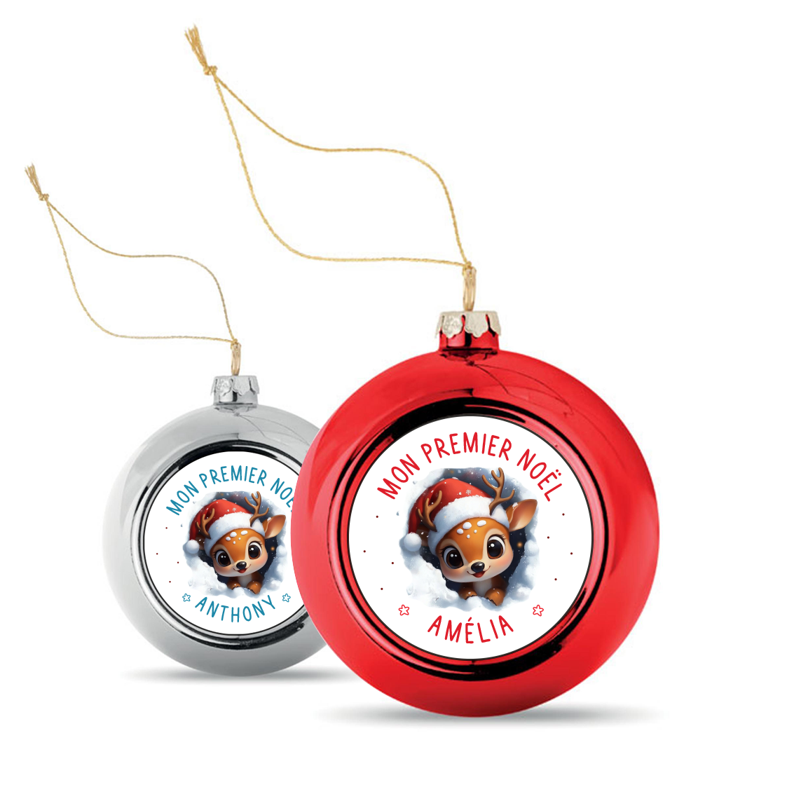 Boule de Noël personnalisée avec petit renne - Mon premier Noël - Rouge ou argent