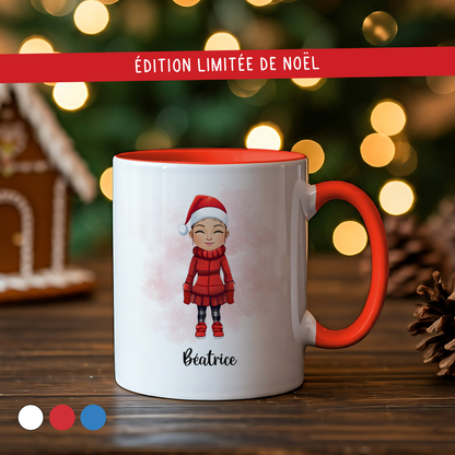 Mug de Noël personnalisé avec prénom et avatar pour femme