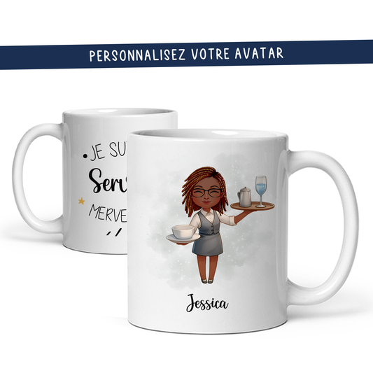 Mug personnalisé avec avatar pour serveuse, restauratrice, commise de salle, ...