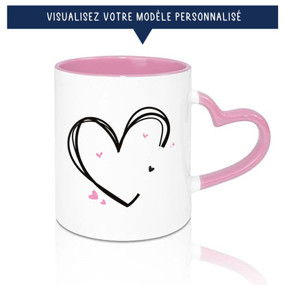 Mug anse en coeur rose avec prénoms pour couple et amoureux