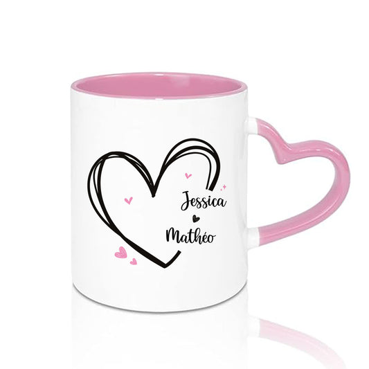 Mug anse en coeur rose avec prénoms pour couple et amoureux