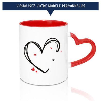 Mug anse en coeur rouge avec prénoms pour couple et amoureux