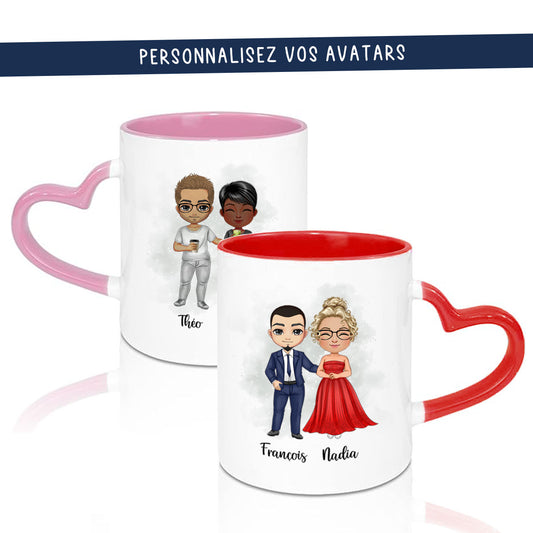 Mug anse en coeur personnalisé avec avatars et prénoms pour couple