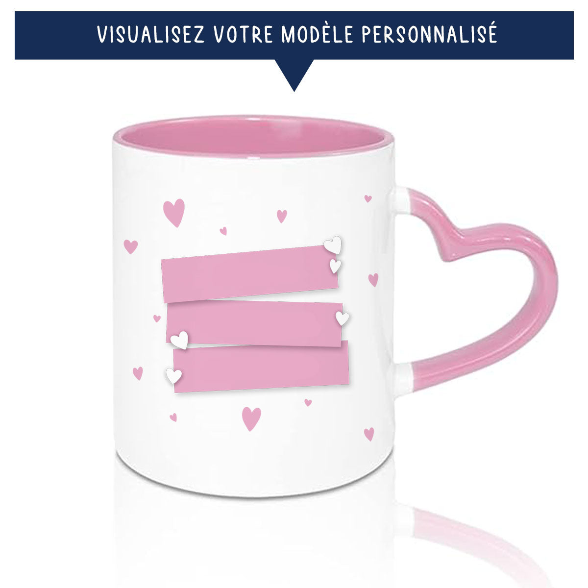 Mug anse en coeur rose avec prénoms, dates ou messages personnalisés