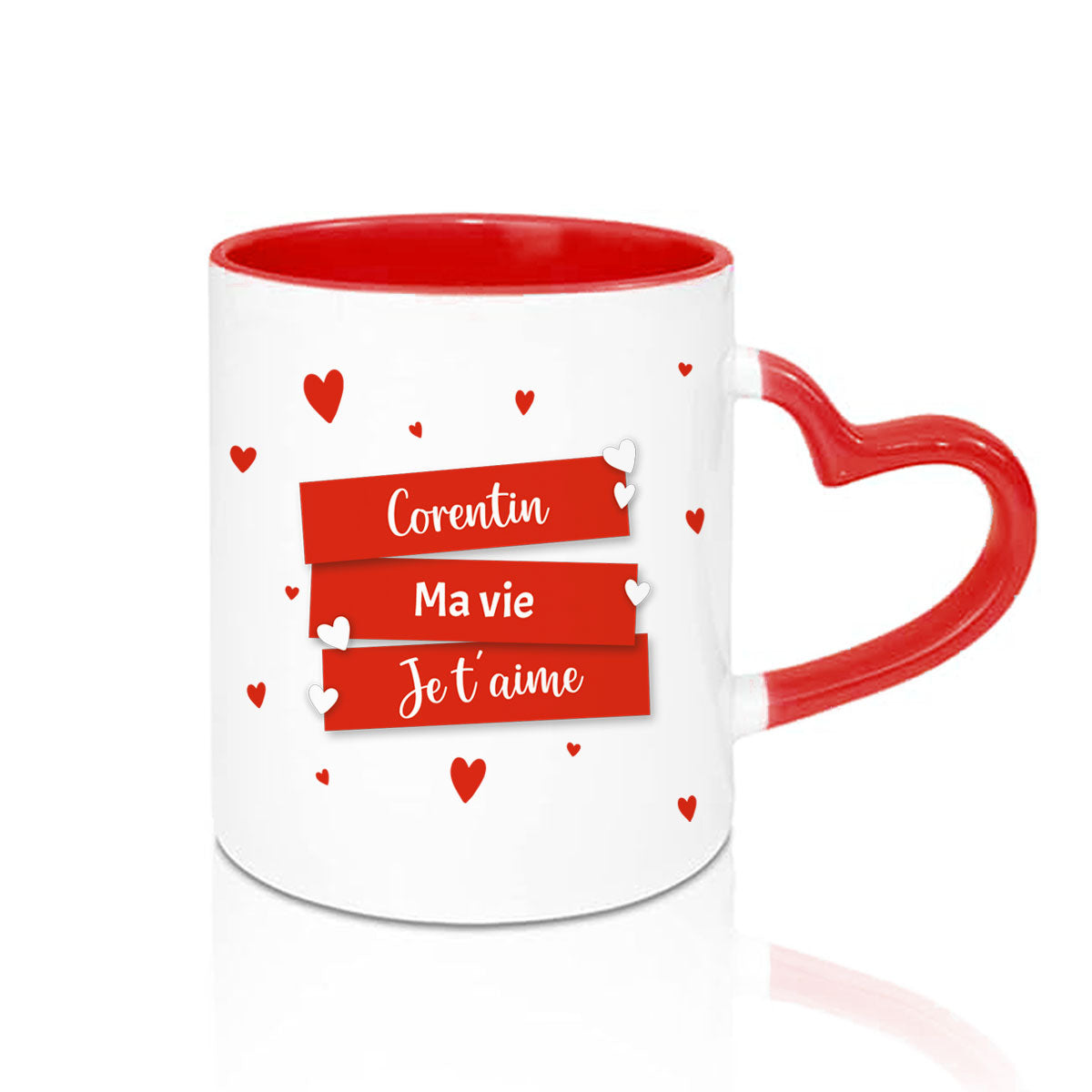 Mug anse en coeur rouge avec prénoms, dates ou messages personnalisés