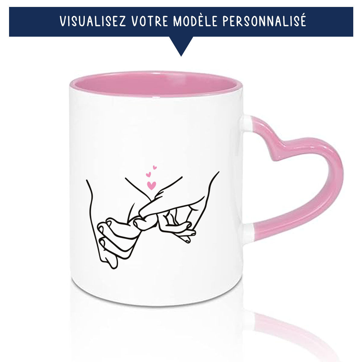 Mug anse en coeur rose avec motif mains et prénoms pour couple