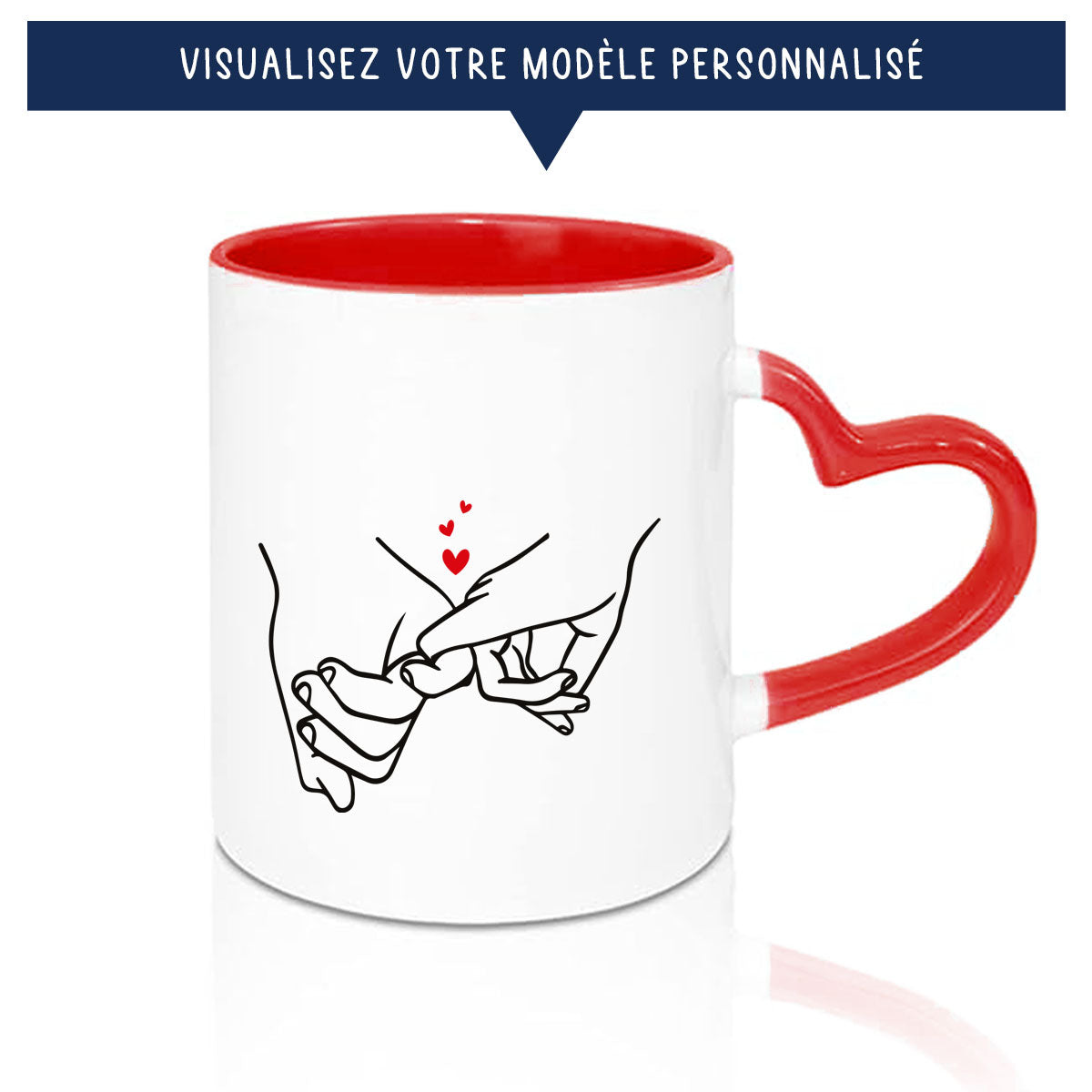 Mug anse en coeur rouge avec motif mains et prénoms pour couple