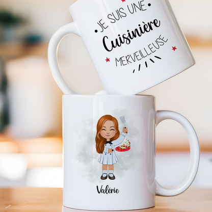 Mug personnalisé avec avatar pour cuisinière, seconde de cuisine, commise, ...