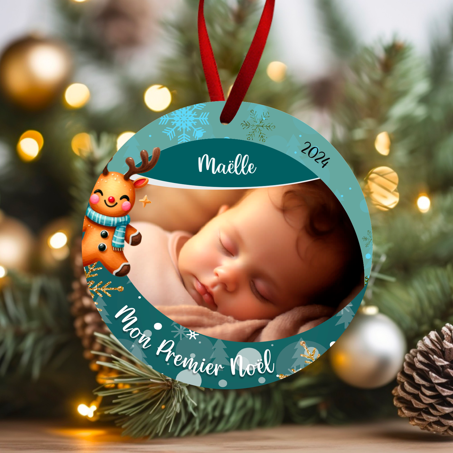 Ornement de Noël avec photo, prénom et année - Mon premier Noël - Bleu