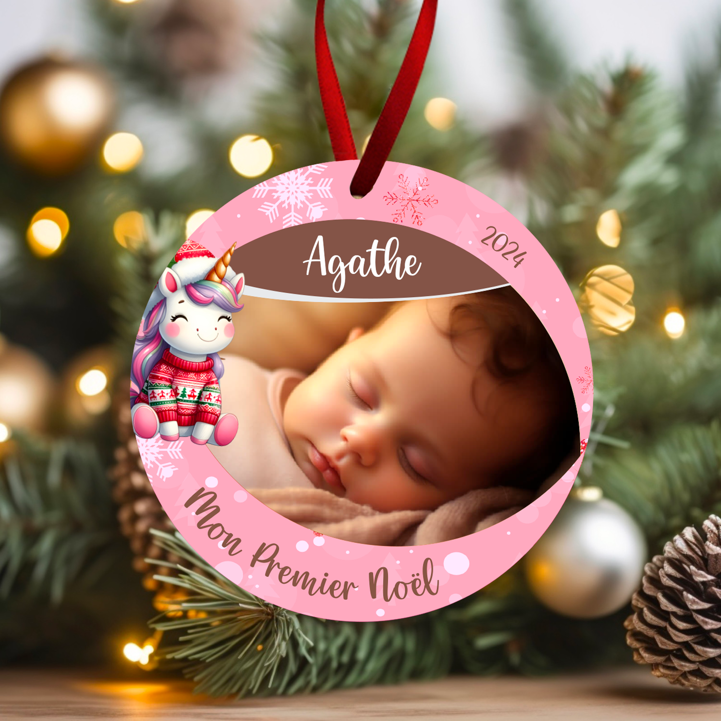 Ornement de Noël avec photo, prénom et année - Mon premier Noël - Rose