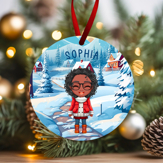 Ornement de Noël avec avatar d'enfant personnalisé - Chemin du village