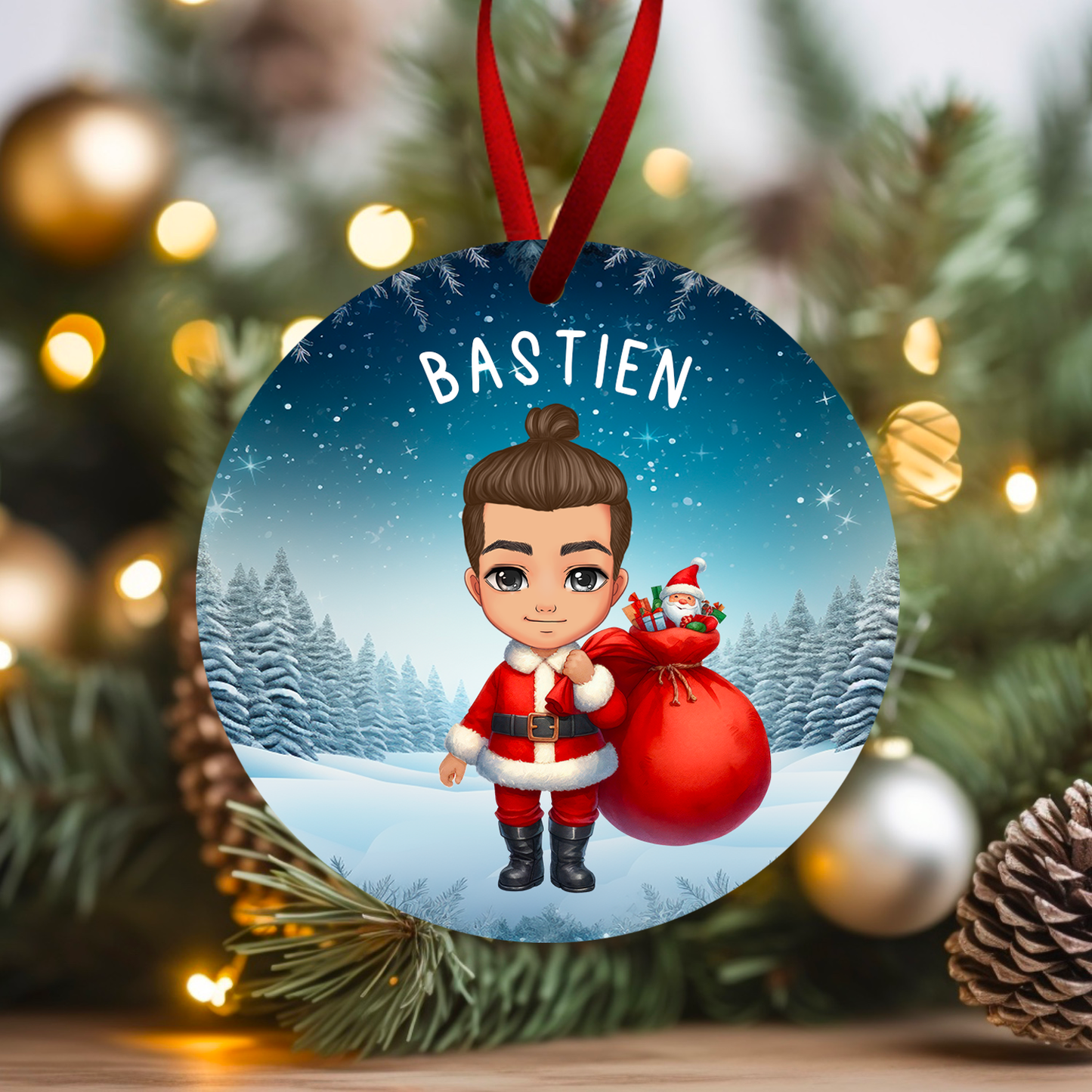 Ornement de Noël avec avatar d'enfant personnalisé - Forêt de sapins