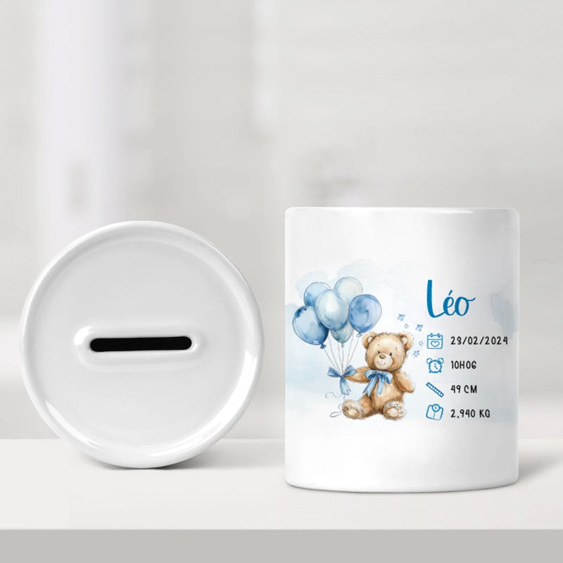 Tirelire de naissance personnalisée bleue - Petit ourson