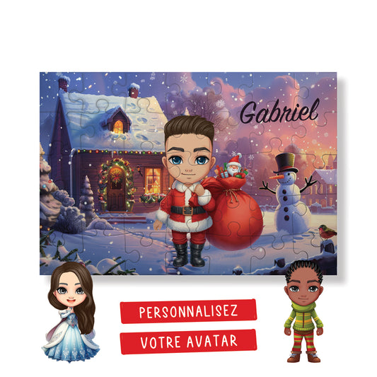 Puzzle de Noël pour enfant avec avatar personnalisé - Chalet en bois - 35 pièces