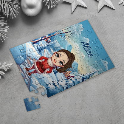 Puzzle de Noël pour enfant avec avatar personnalisé - Chemin du village - 35 pièces